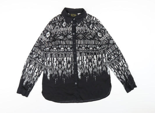 Bob Mackie Womens Black Geometric Polyester Basic Button-Up Size XS Collared