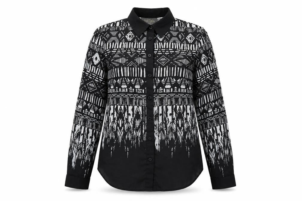 Bob Mackie Womens Black Geometric Polyester Basic Button-Up Size XS Collared