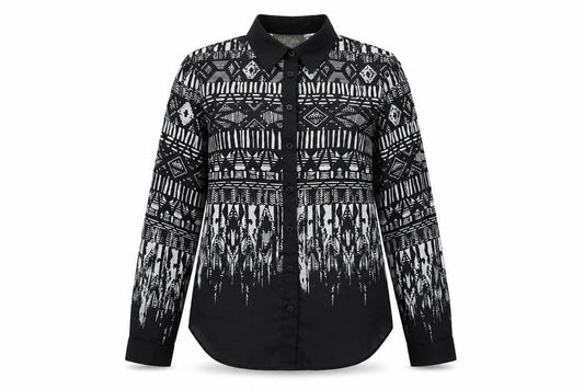 Bob Mackie Womens Black Geometric Polyester Basic Button-Up Size XS Collared