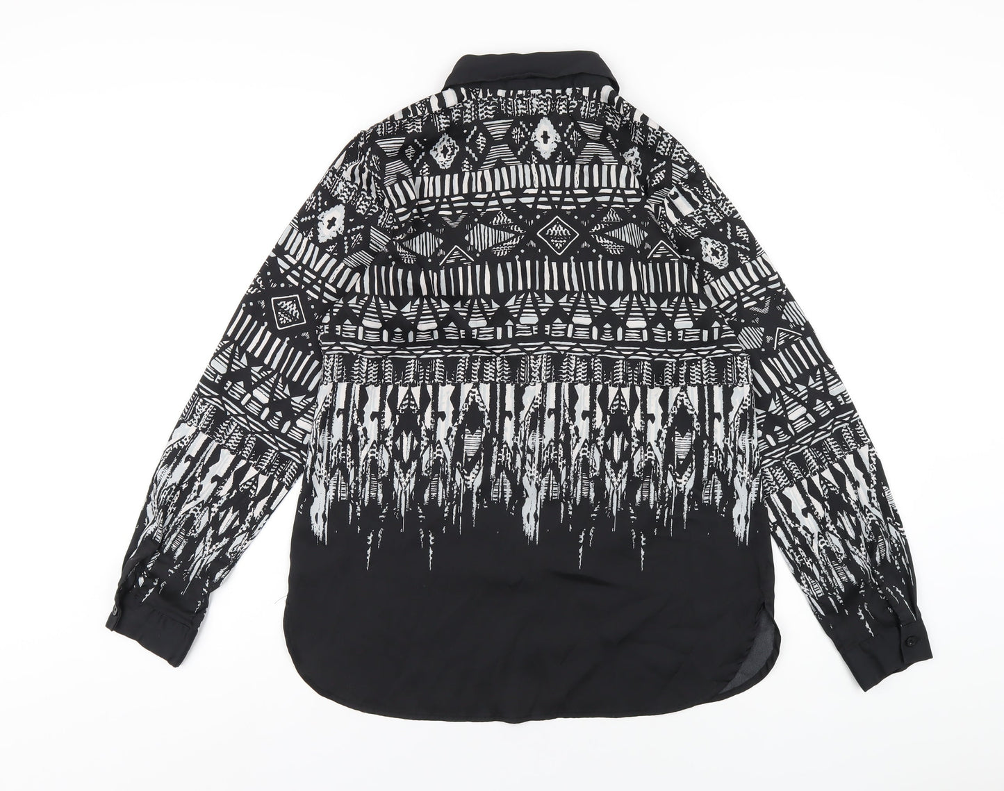 Bob Mackie Womens Black Geometric Polyester Basic Button-Up Size XS Collared
