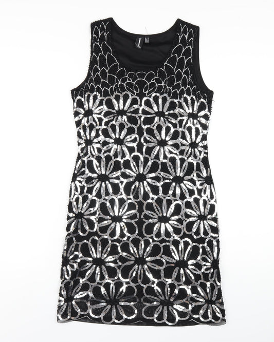 Izabel London Womens Black Geometric Nylon Tank Dress Size 8 Round Neck Pullover