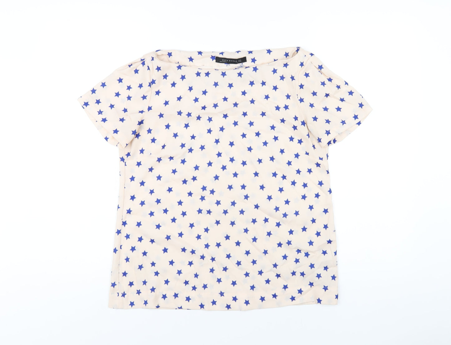 Zara Womens Pink Geometric Polyester Basic T-Shirt Size M Boat Neck
