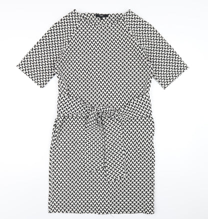 Next Womens Black Geometric Polyester A-Line Size 8 Round Neck Zip