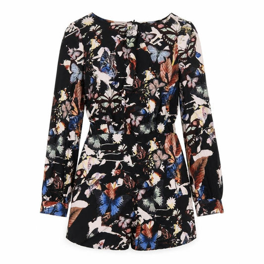 Front view of Miss Selfridge women’s multicoloured floral polyester playsuit one-piece, size UK 12, zip