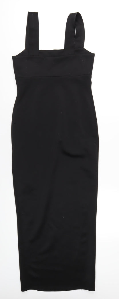 Back view of ASOS women’s black polyester bodycon, size UK 12, square neck pullover