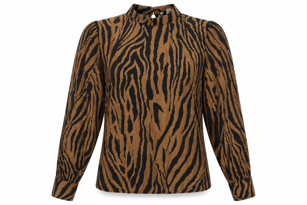 Warehouse Womens Brown Animal Print Viscose Basic T-Shirt Size 8 Mock Neck