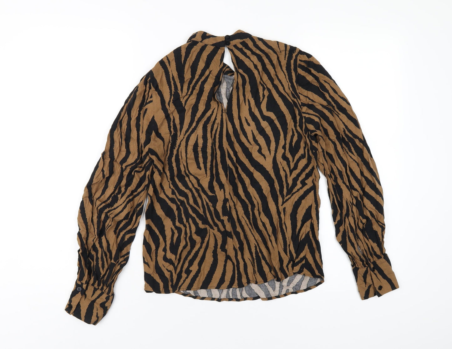 Warehouse Womens Brown Animal Print Viscose Basic T-Shirt Size 8 Mock Neck