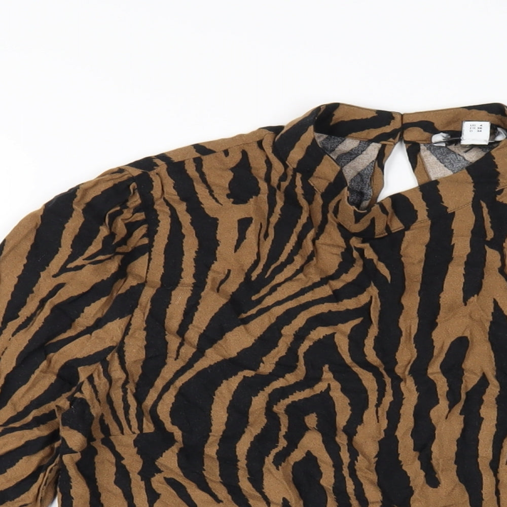 Warehouse Womens Brown Animal Print Viscose Basic T-Shirt Size 8 Mock Neck