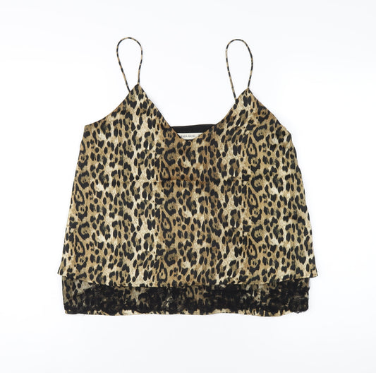 Zara Womens Brown Animal Print Polyester Camisole T-Shirt Size S V-Neck - Leopard Print