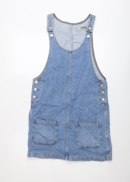 Topshop Womens Blue Cotton Pinafore/Dungaree Dress Size 6 Round Neck Button