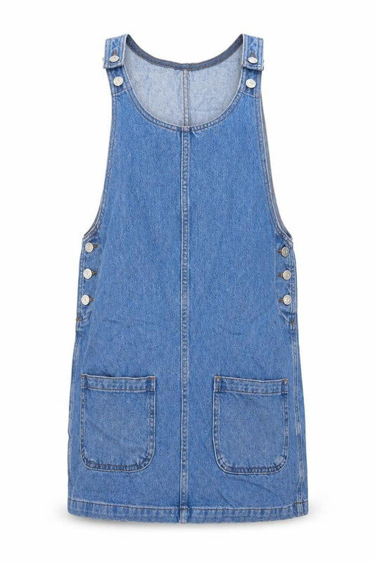 Topshop Womens Blue Cotton Pinafore/Dungaree Dress Size 6 Round Neck Button