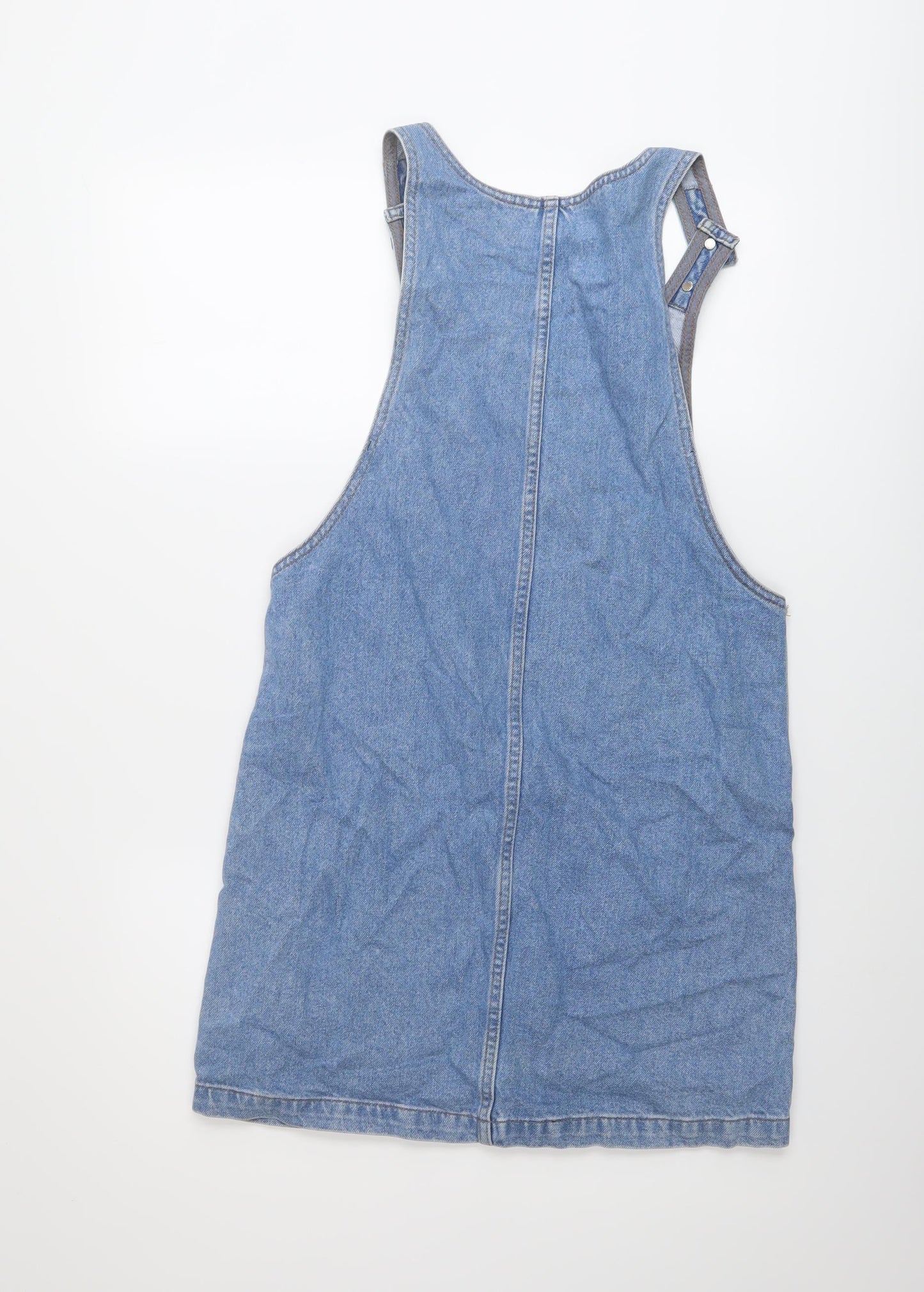 Topshop Womens Blue Cotton Pinafore/Dungaree Dress Size 6 Round Neck Button
