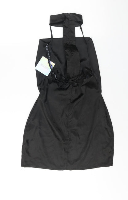 Back view of Missguided women’s black polyester mini, size UK 6, mock neck zip - cut out detail