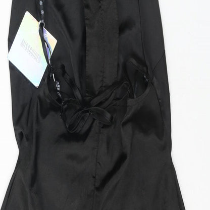 Brand and care label for Missguided women’s black polyester mini, size UK 6, mock neck zip - cut out detail