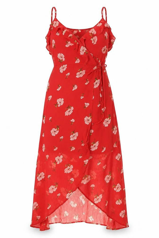 Front view of Missguided women’s red floral polyester wrap dress, size UK 10, v-neck button - semi sheer frill