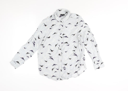 Topshop Womens Blue Geometric Viscose Basic Button-Up Size 6 Collared - Bird Print