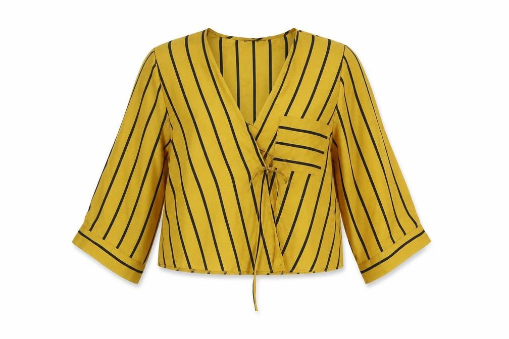 Topshop Womens Gold Striped Polyester Basic Blouse Size 8 V-Neck - Tie Detail