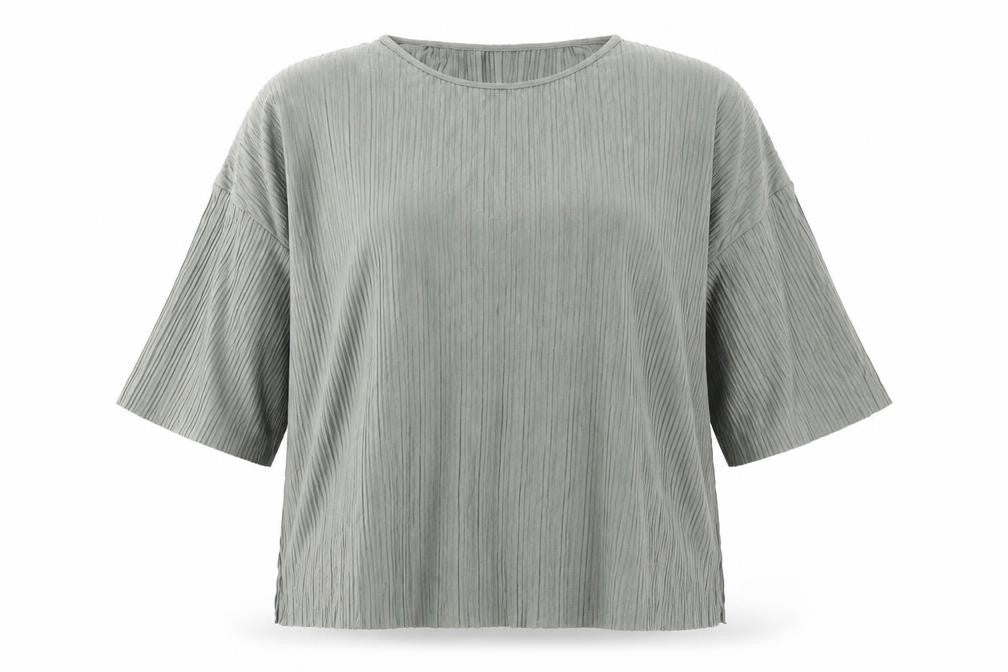 Wasabi Womens Grey Polyester Basic Blouse Size M Round Neck - Plisse