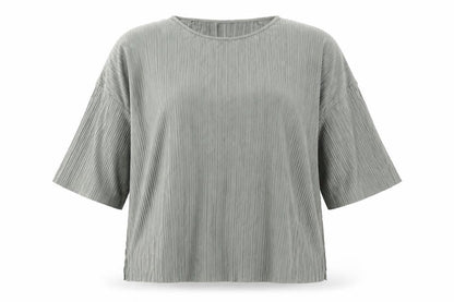 Wasabi Womens Grey Polyester Basic Blouse Size M Round Neck - Plisse