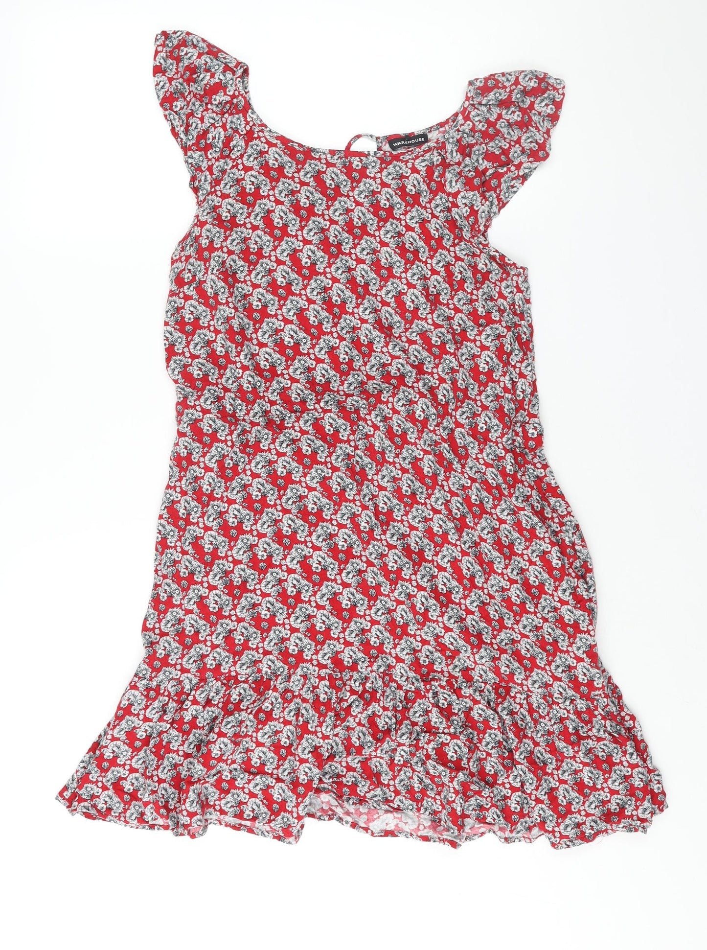 Warehouse Womens Red Floral Viscose A-Line Size 14 Round Neck Tie