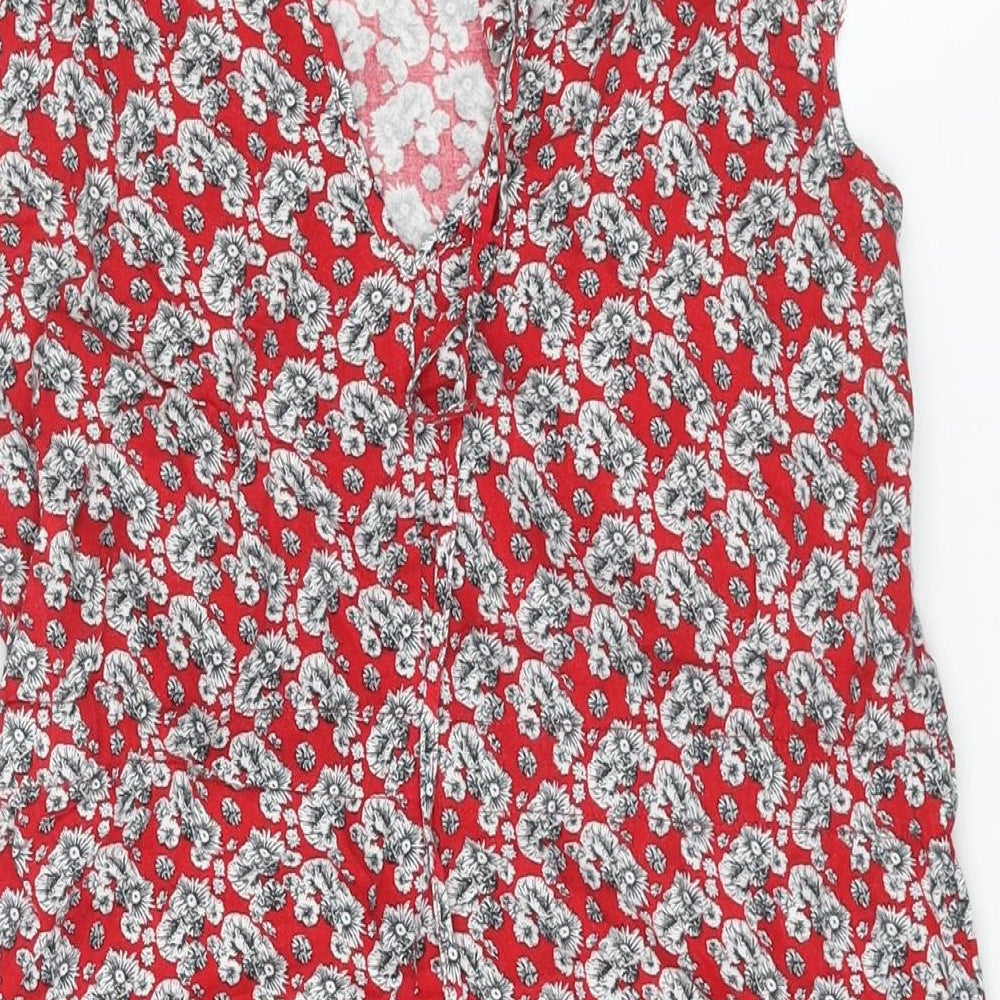 Warehouse Womens Red Floral Viscose A-Line Size 14 Round Neck Tie