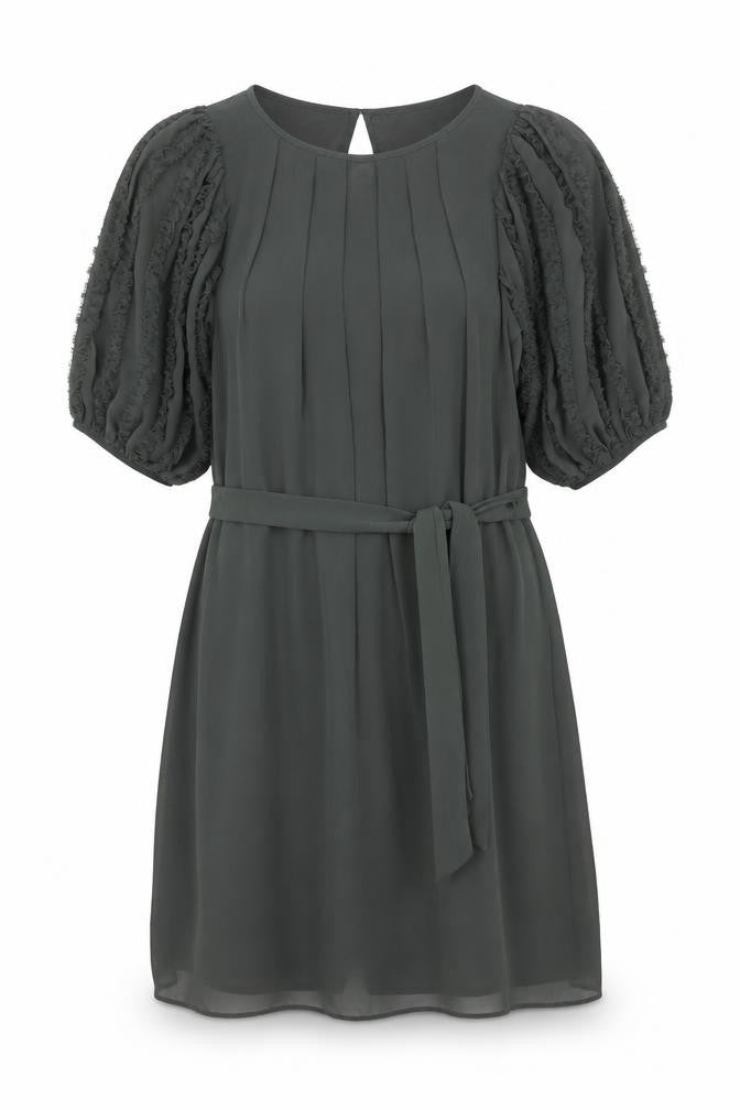 Fever Womens Green Polyester Shift Size 12 Round Neck Button - Frill Sleeve Belted