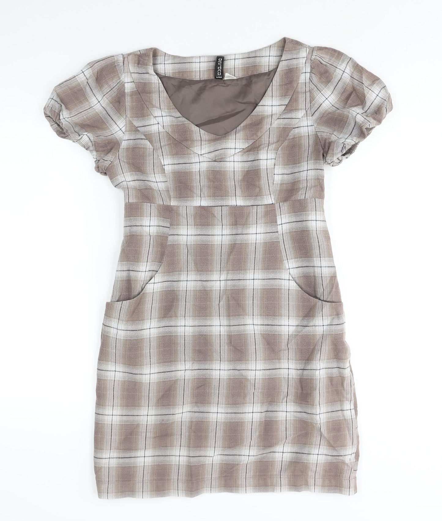 Divided by H&M Womens Brown Check Cotton Mini Size 8 V-Neck Zip