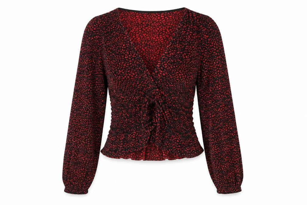 Zara Womens Black Animal Print Polyester Basic Blouse Size M V-Neck - Peplum Plisse Leopard Print