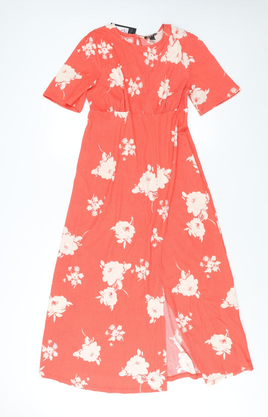 New Look Womens Red Floral Polyester A-Line Size 10 Round Neck Button