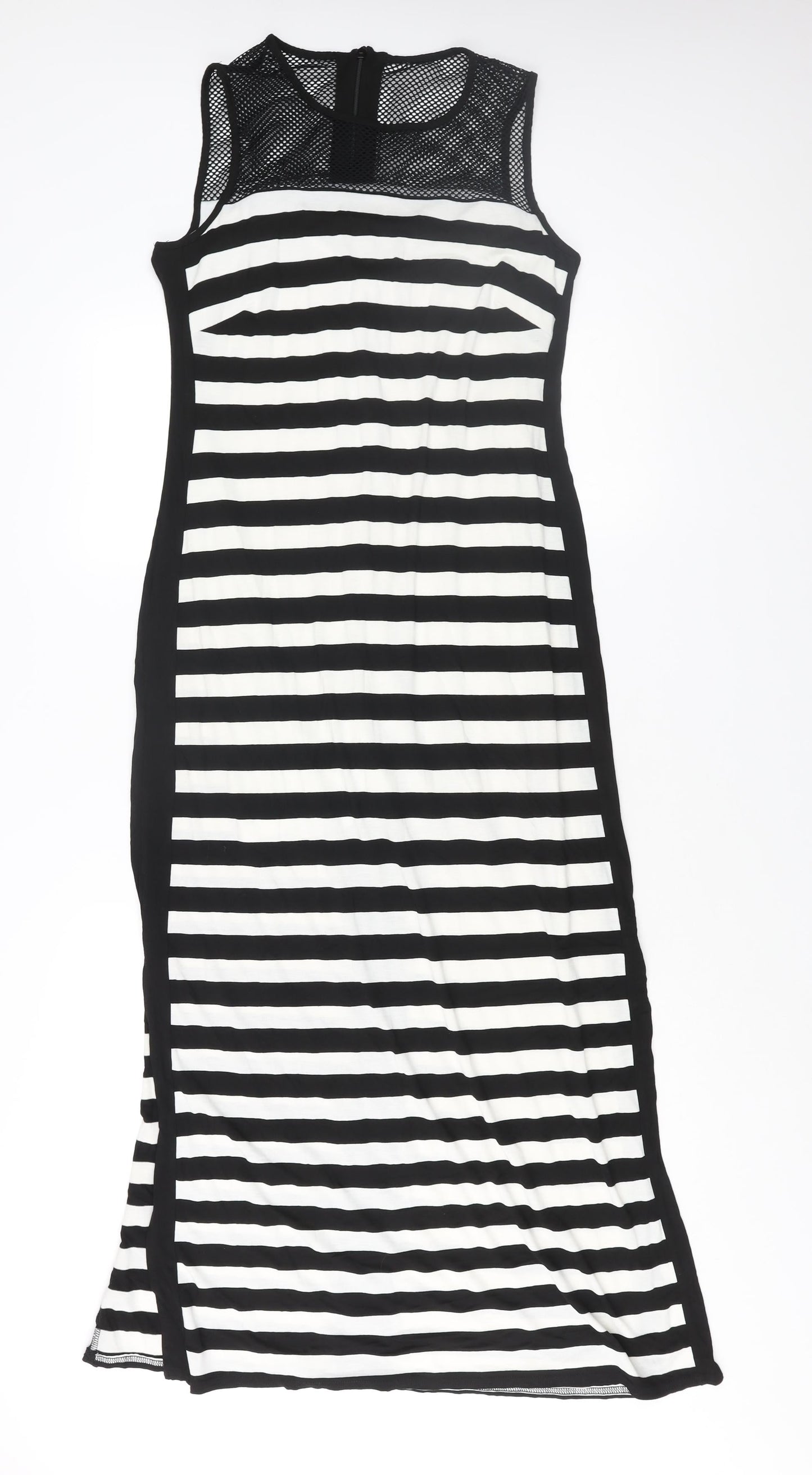 Roman Womens Black Striped Polyester Maxi Size 10 Round Neck Zip - Fishnet Detail