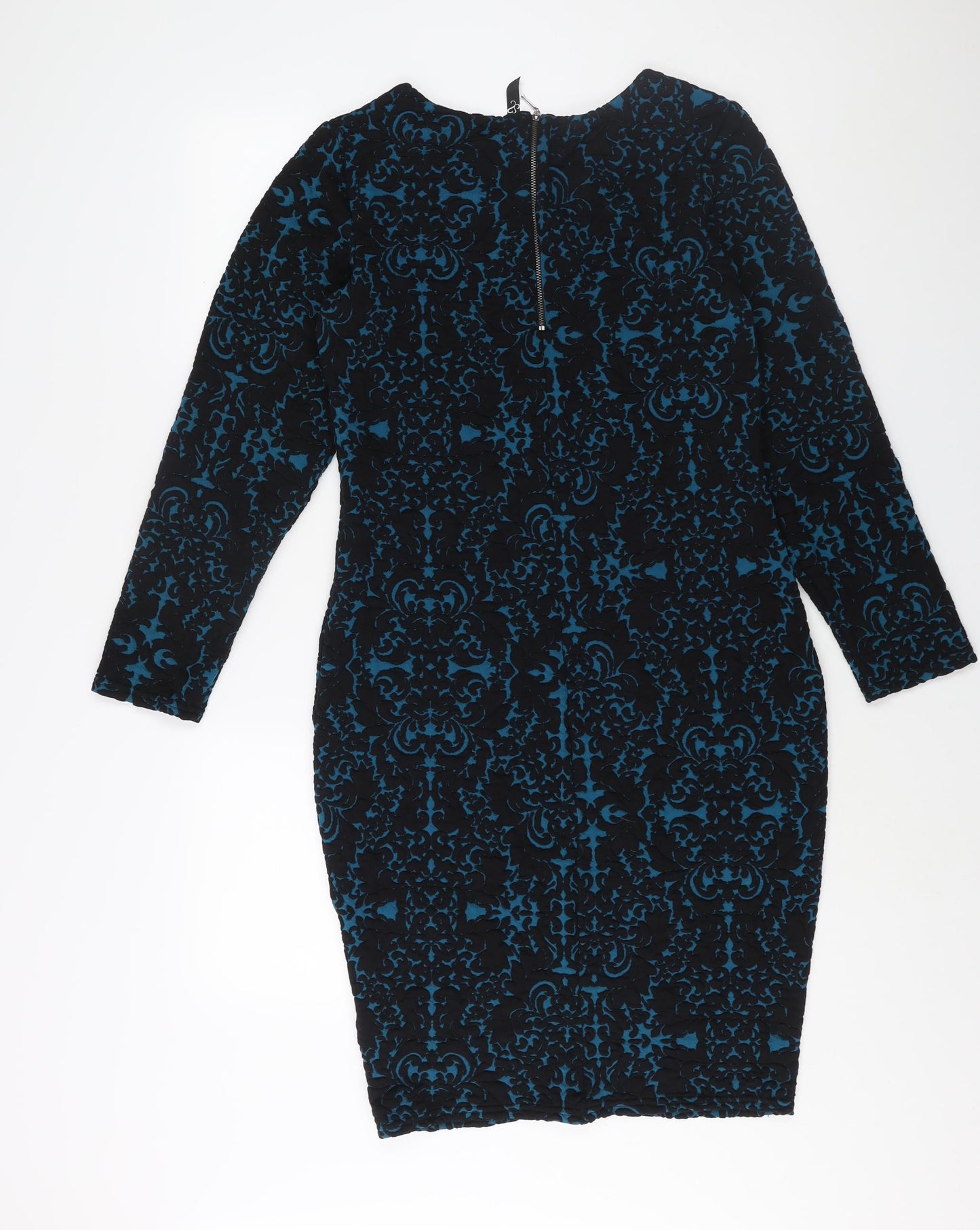 Arcadia Womens Blue Geometric Polyester Sheath Size 14 Round Neck Zip