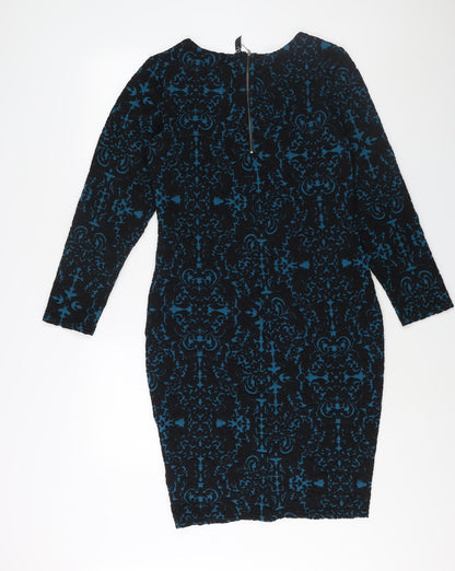 Arcadia Womens Blue Geometric Polyester Sheath Size 14 Round Neck Zip