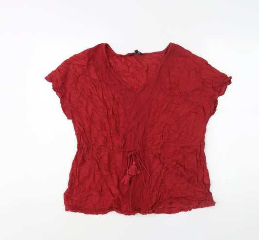 New Look Womens Red Cotton Basic Blouse Size 12 V-Neck - Raw Hem Drawstring Detail