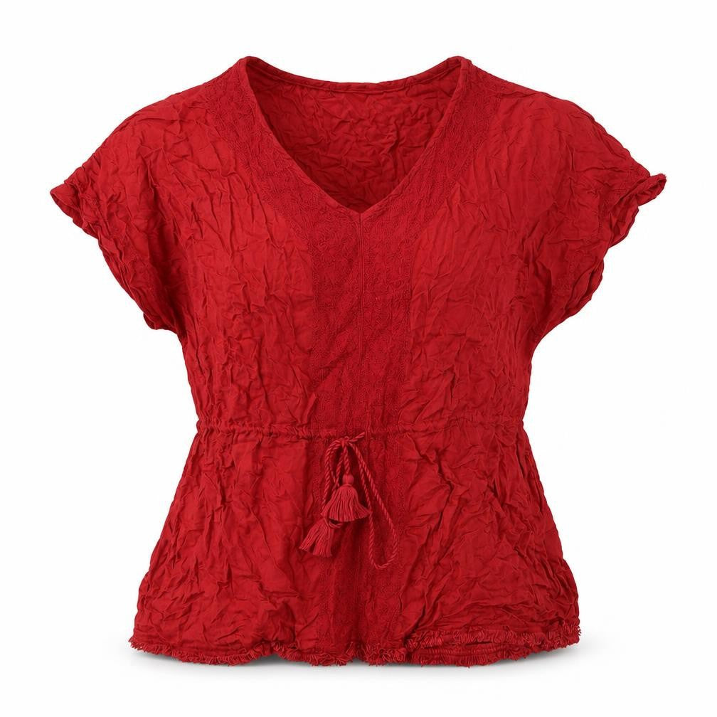 New Look Womens Red Cotton Basic Blouse Size 12 V-Neck - Raw Hem Drawstring Detail