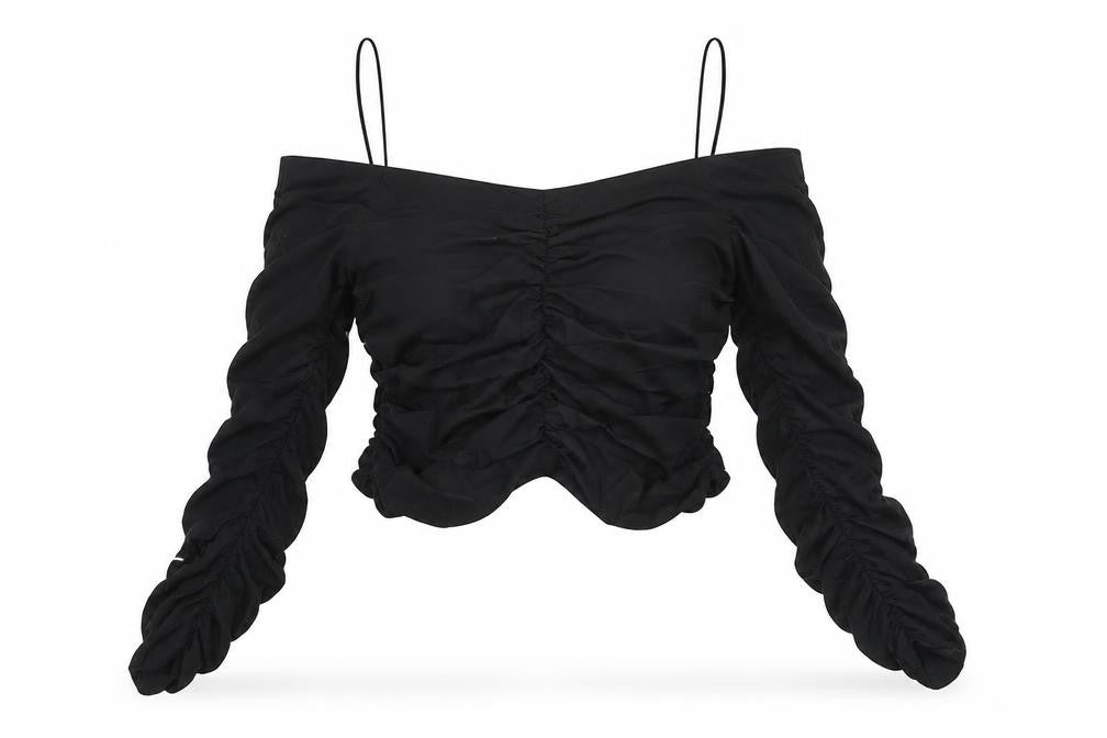 Zara Womens Black Cotton Basic Blouse Size S Off the Shoulder - Rouched