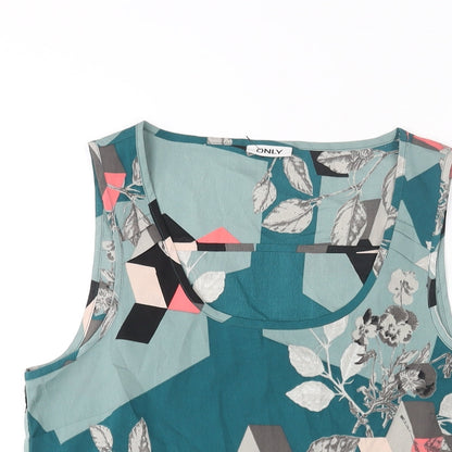 Close-up detail of Only women’s blue geometric polyester camisole blouse, size UK 8, scoop neck