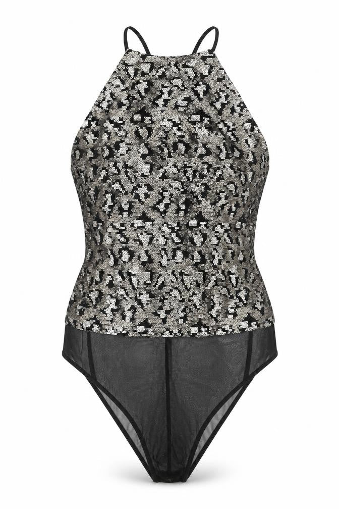 Topshop Womens Gold Nylon Bodysuit One-Piece Size 8 Snap - Sequin Open Back