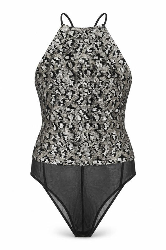 Topshop Womens Gold Nylon Bodysuit One-Piece Size 8 Snap - Sequin Open Back