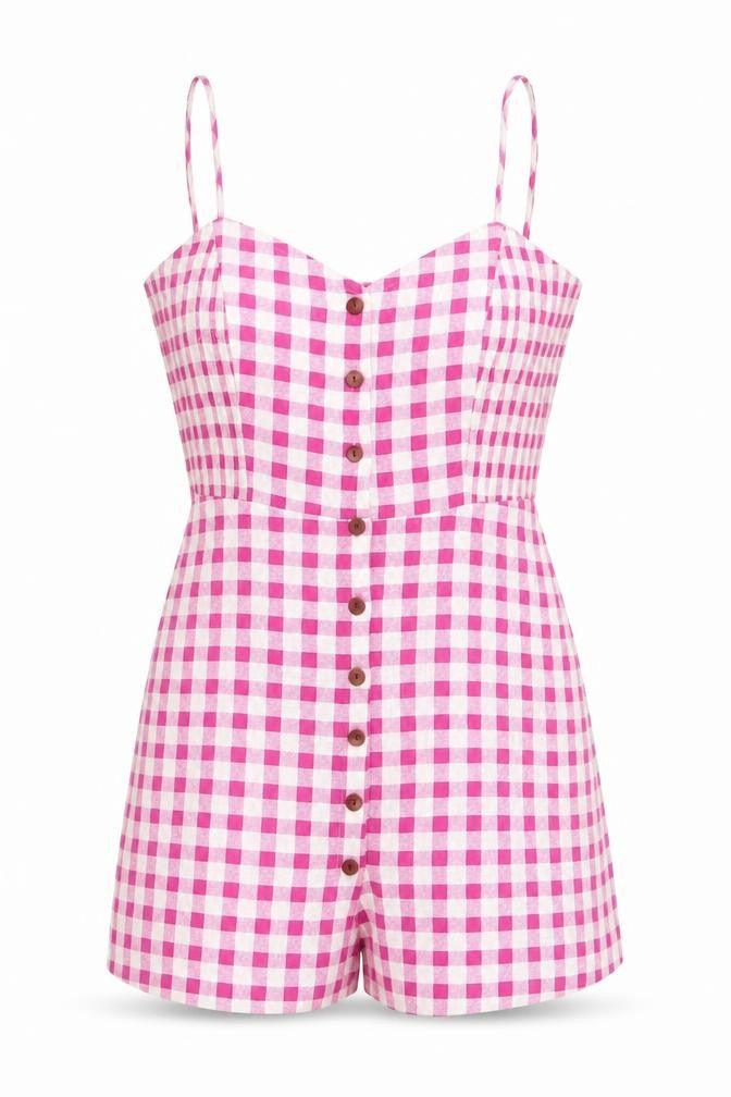Zara Womens Purple Plaid Linen Playsuit One-Piece Size M Button - Pleated