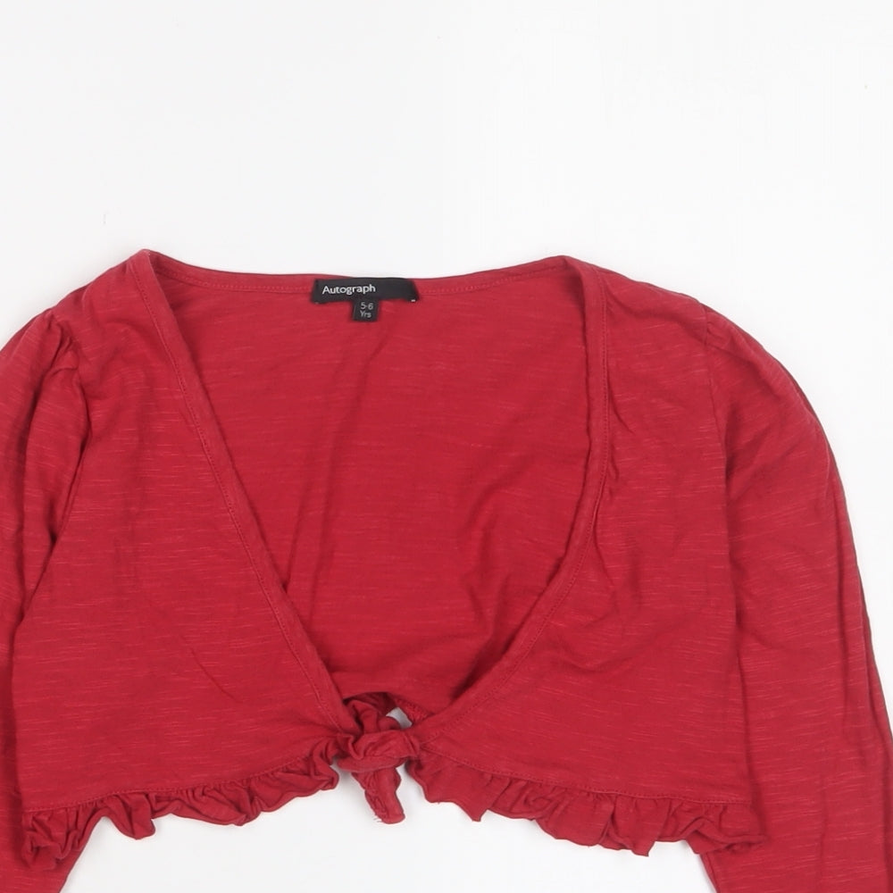 Close-up detail of Autograph girls’ pink v-neck cotton cardigan jumper, size 5-6, years button