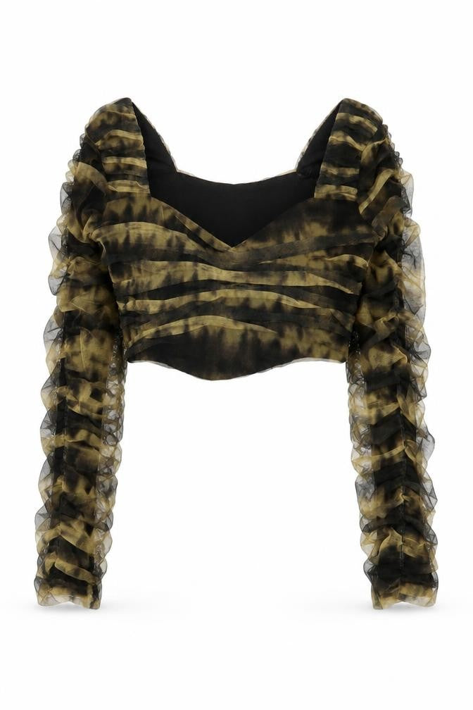 Zara Womens Yellow Striped Polyester Cropped Blouse Size M V-Neck