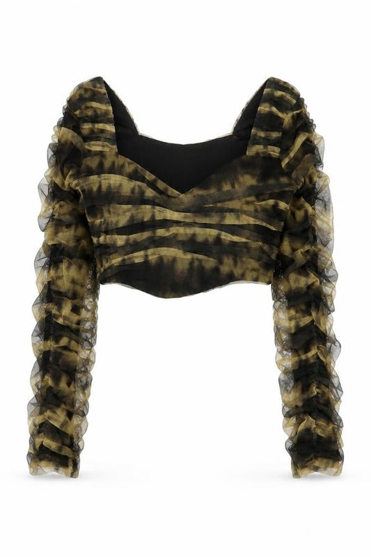 Zara Womens Yellow Striped Polyester Cropped Blouse Size M V-Neck
