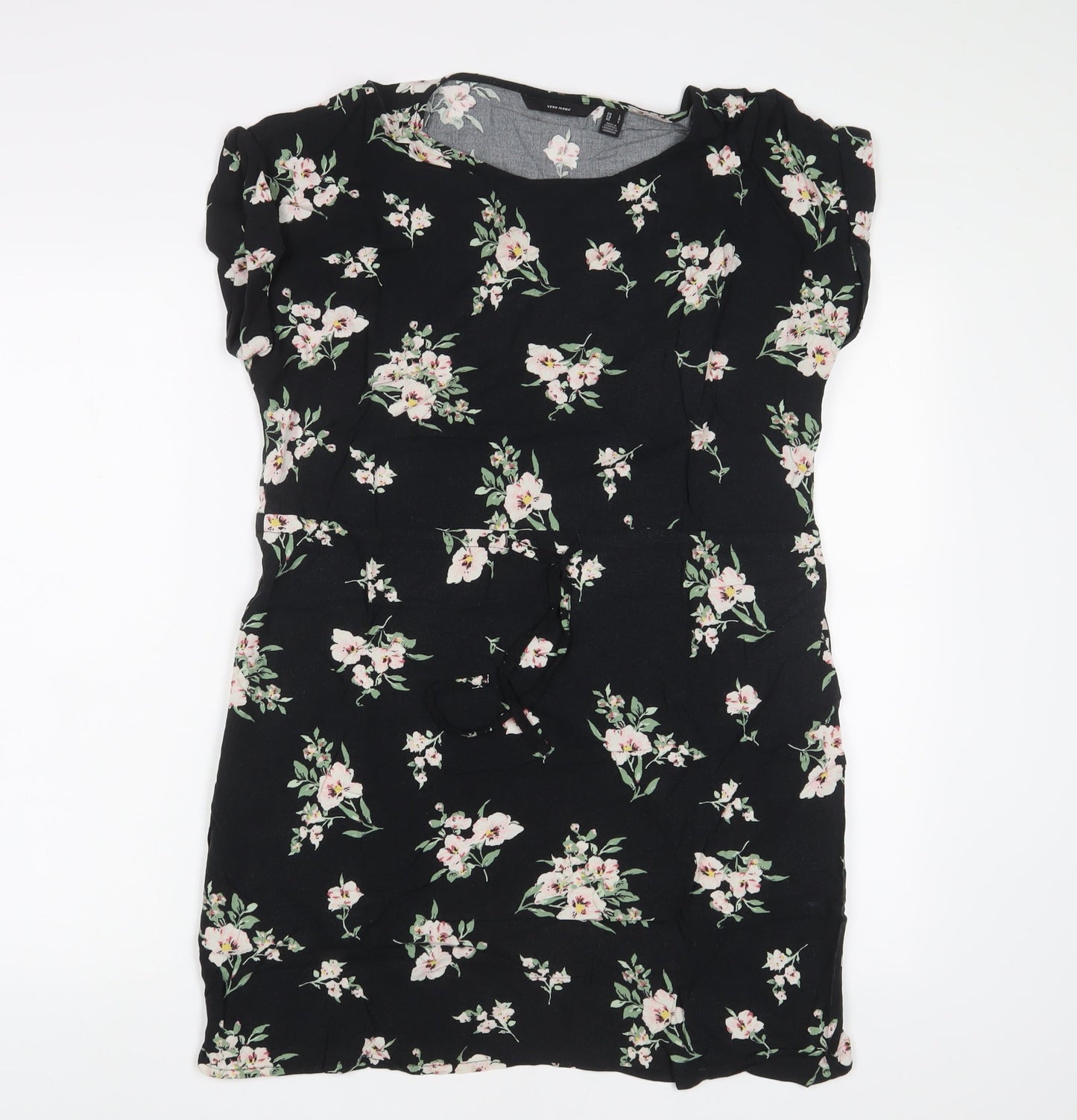 VERO MODA Womens Black Floral Viscose A-Line Size L Crew Neck Pullover - Drawstring