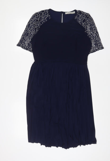 Additional front view of ASOS women’s blue polyester a-line, size UK 10, crew neck button - lace, pleated