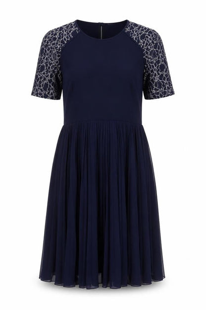 Front view of ASOS women’s blue polyester a-line, size UK 10, crew neck button - lace, pleated