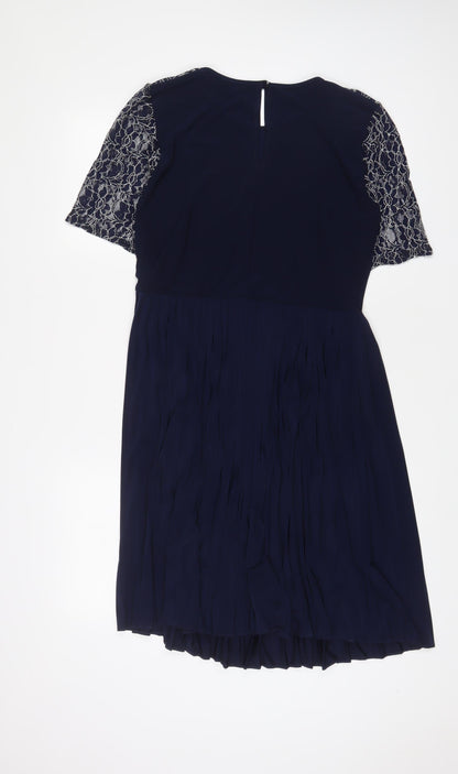 Back view of ASOS women’s blue polyester a-line, size UK 10, crew neck button - lace, pleated