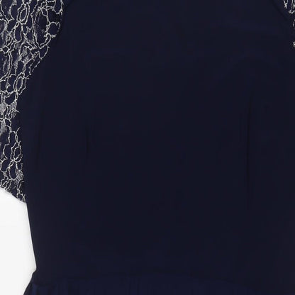 Close-up detail of ASOS women’s blue polyester a-line, size UK 10, crew neck button - lace, pleated