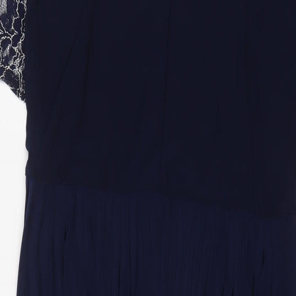 Brand and care label for ASOS women’s blue polyester a-line, size UK 10, crew neck button - lace, pleated