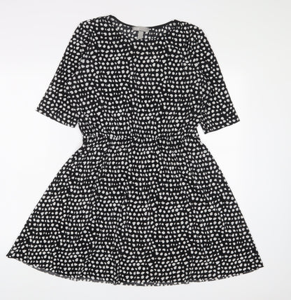 Front view of ASOS women’s black geometric polyester a-line, size UK 10, crew neck pullover - belted