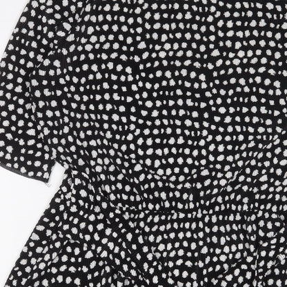 Brand and care label for ASOS women’s black geometric polyester a-line, size UK 10, crew neck pullover - belted